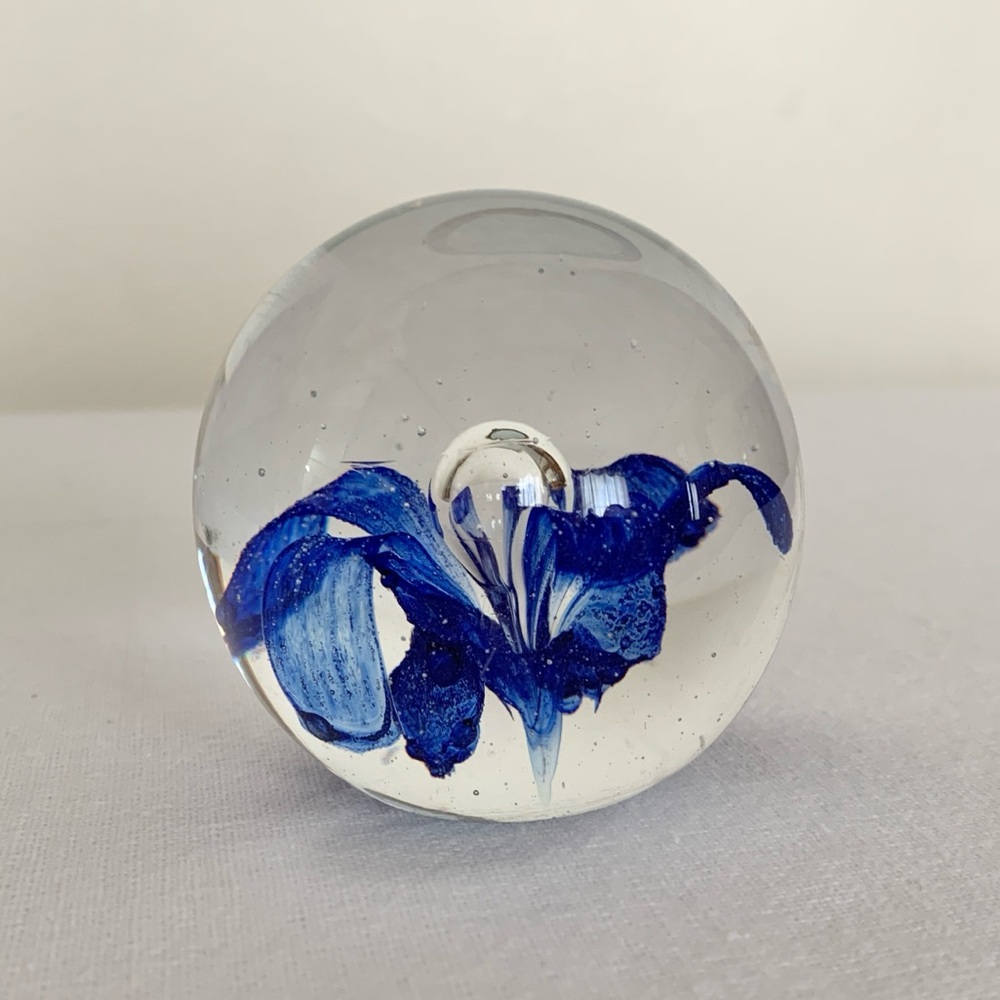 Vintage Glass Art Paperweight with Colbalt Blue Lily Flower Controlled Bubbles